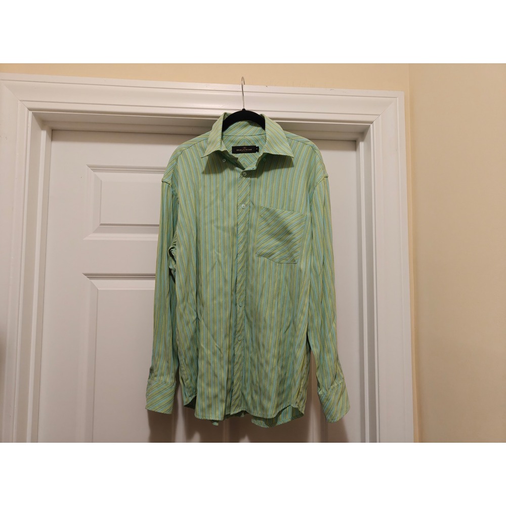 Bugatchi Uomo Mens Green Yellow Striped Long Sleeve Button Down Shirt Size M
